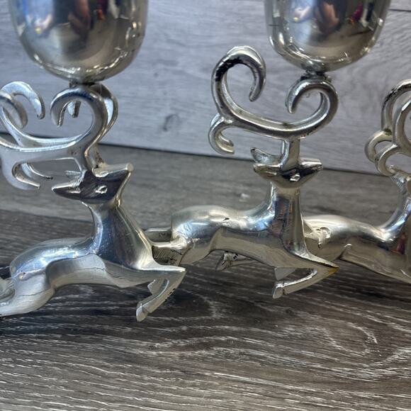 VTG 3 Silver Reindeer Deer Bucks Antler 3 Tea Light Candle Holders Candelabra - Picture 9 of 10